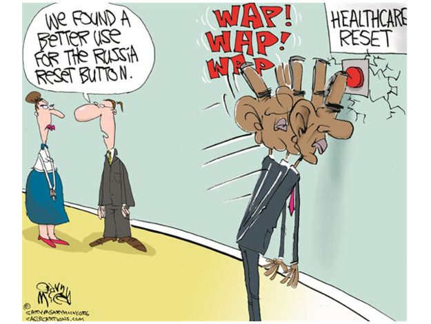 Obama cartoon reset button ObamaCare