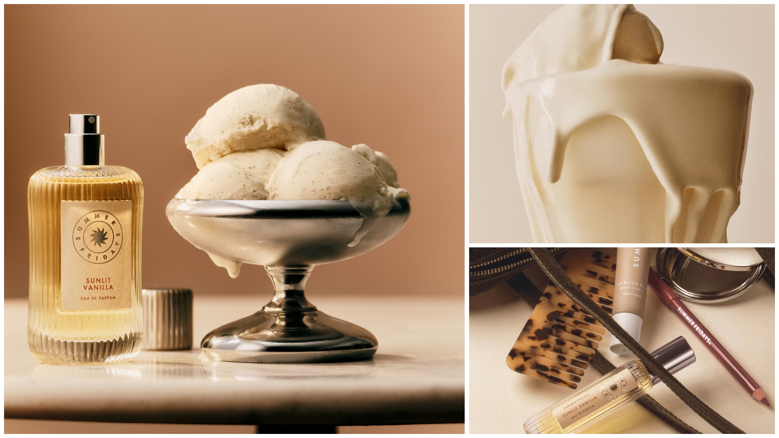 Split image of Summer Fridays sunlit vanilla perfume bottle with bowl of ice cream, vanilla milkshake, and travel perfume in purse with white border