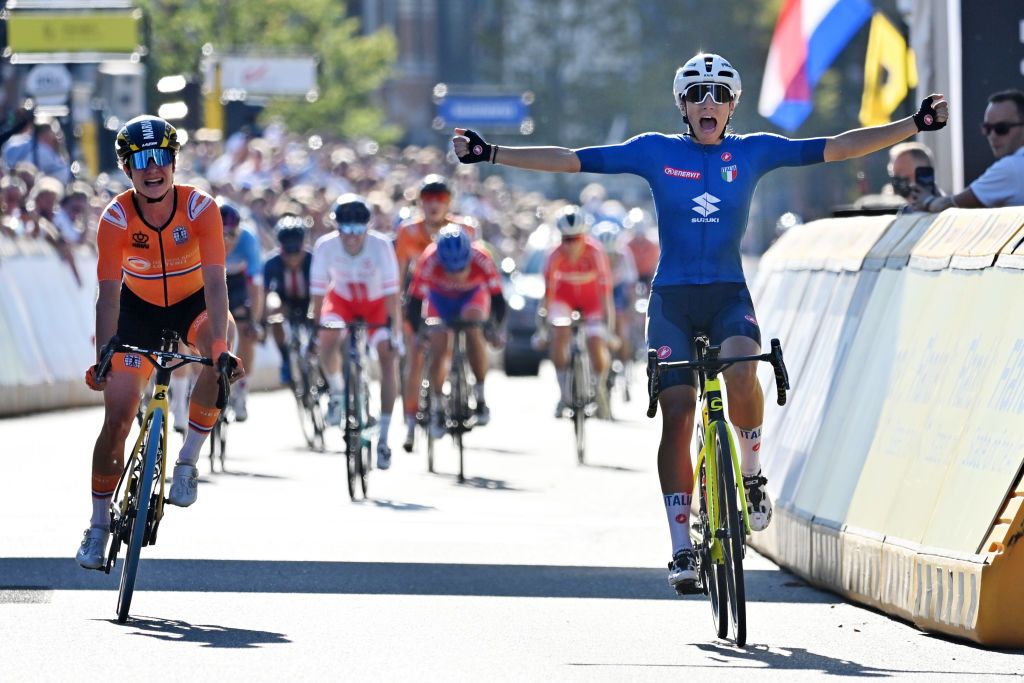 Italian Elisa Balsamo wins before Dutch Marianne Vos the women elite road race on the seventh day of the UCI World Championships Road Cycling Flanders 2021 15770km from Antwerp to Leuven on Saturday 25 September 2021 The Worlds take place from 19 to 26 September 2021 in several cities in Flanders Belgium BELGA PHOTO DIRK WAEM Photo by DIRK WAEMBELGA MAGAFP via Getty Images