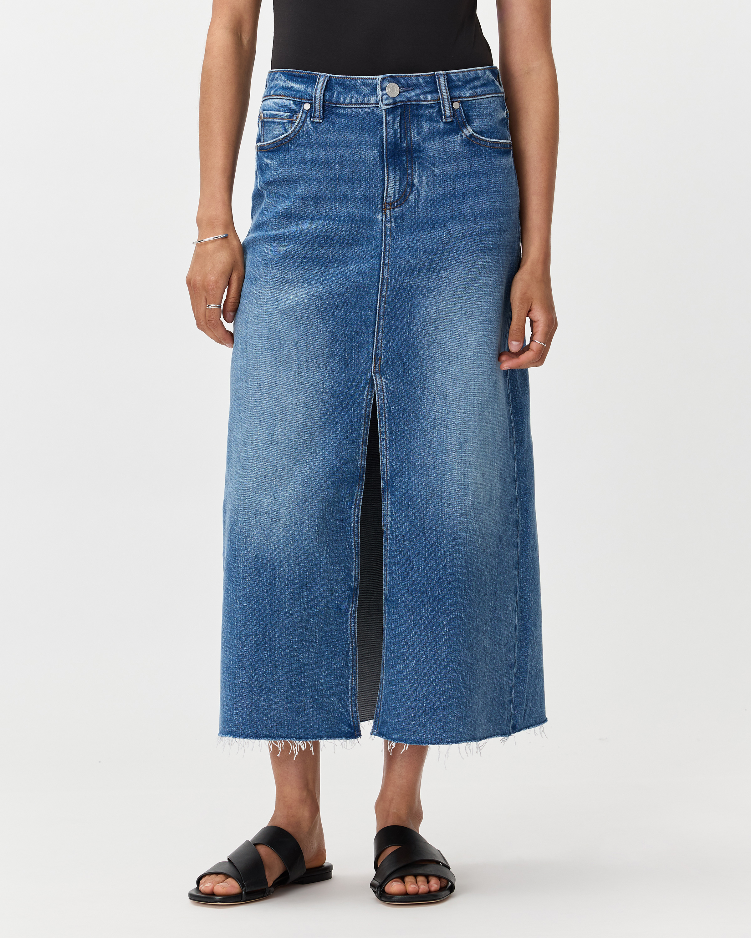 Stretch Denim 5-Pocket Midi Skirt in Atlantic Blue