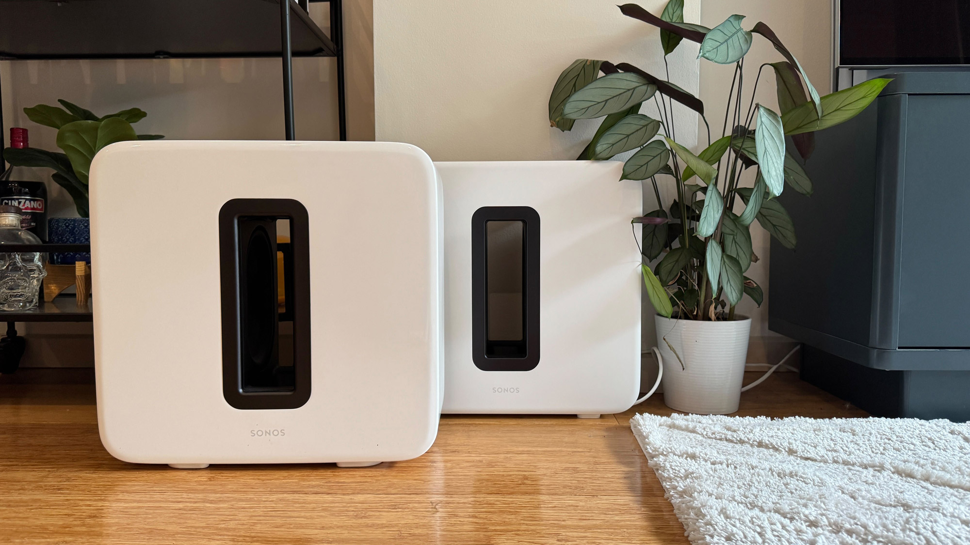 Sonos Sub 3 and Sonos Sub 4, both in white, side by side