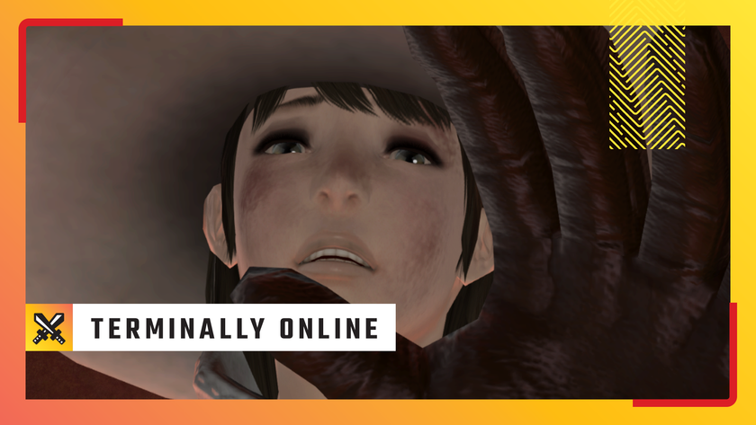 An image of Edda, a white mage in Final Fantasy 14, desperately reaching out to the screen - overlaid with PC Gamer&#039;s Terminally Online art.