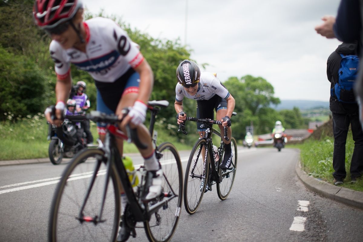 Emma Johansson (SWE) of Wiggle Hi5 Cycling Team digs deep as they reach the 10 kilometres to go sign during stage 4 of the Aviva Women's Tour