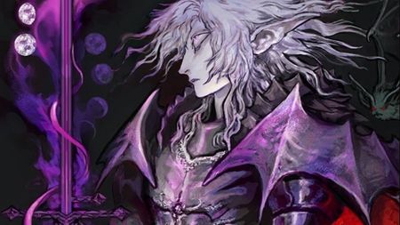 Key art of the videogame Lunacid, showing a pale, long haired knight in purple armor contemplating a purple, flaming sword surrounded by the different phases of the moon.