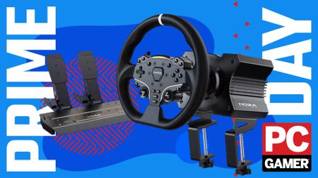 A Moza R5 direct drive racing wheel bundle on a Prime Day blue and red background