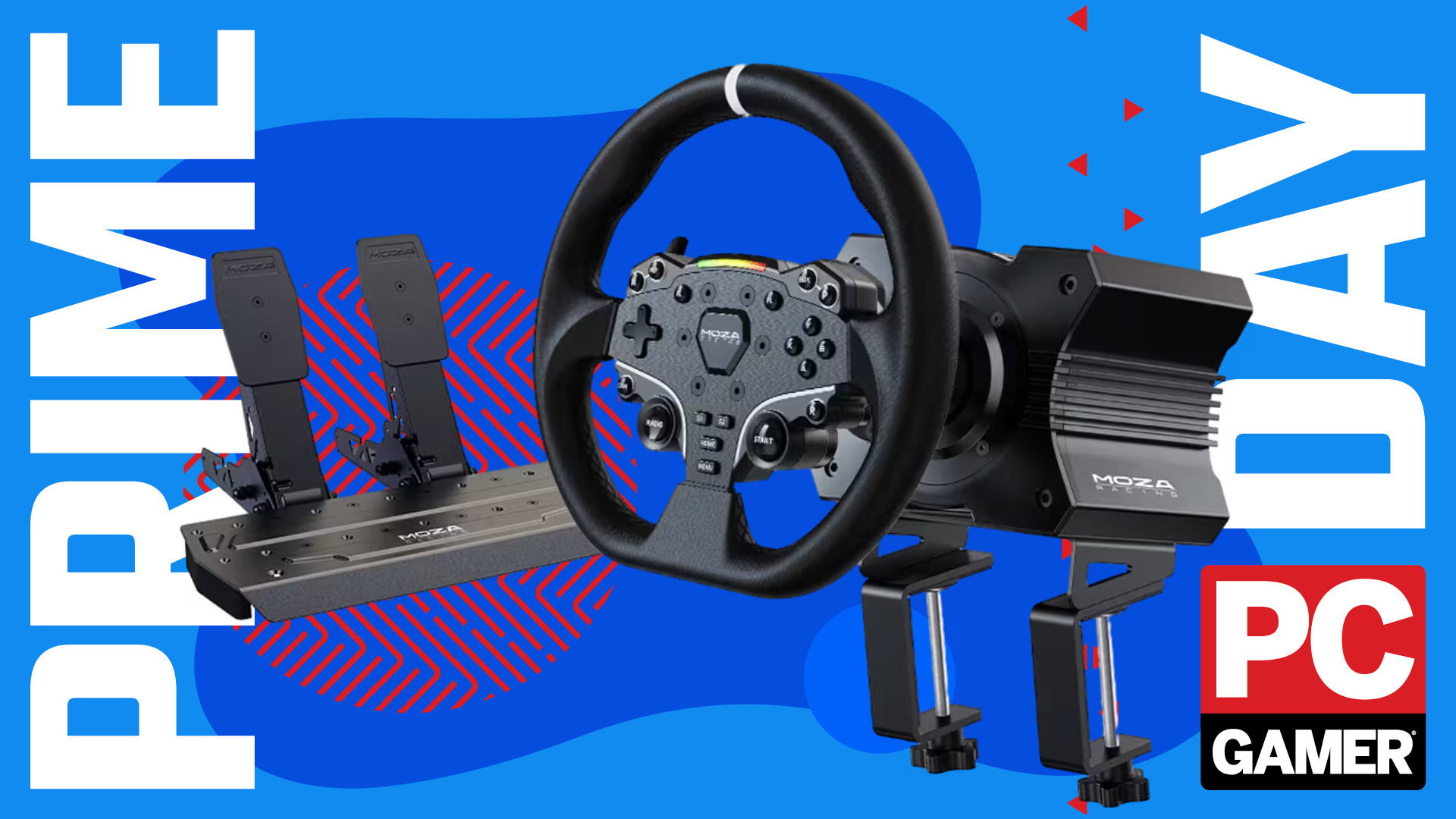 A Moza R5 direct drive racing wheel bundle on a Prime Day blue and red background