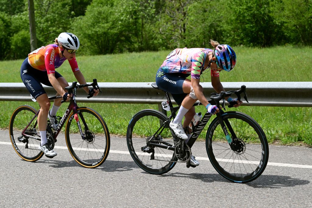 LAGOS DE COVADONGA SPAIN MAY 07 LR Marlen Reusser of Switzerland and Team SD Worx and Katarzyna Niewiadoma of Poland and Team CanyonSRAM Racing compete in the breakaway during the 9th La Vuelta Femenina 2023 Stage 7 a 937km stage from Pola de Siero to Lagos de Covadonga 1079m UCIWWT on May 07 2023 in Lagos de Covadonga Spain Photo by Dario BelingheriGetty Images