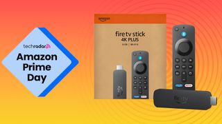 An Amazon Fire Stick, remote and box on a gradient background along with a Prime Day badge