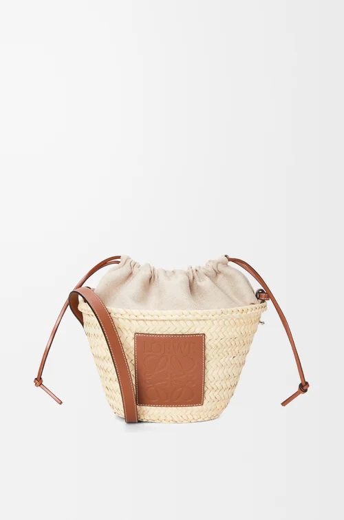 Drawstring Bucket in Palm Leaf and Calfskin