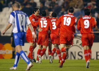 Monaco players celebrate a goal against Deportivo La Coruña in the Champions League in December 2004.