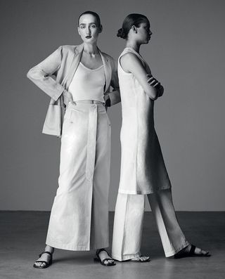 Maria wears dress, c 1990s; trousers, from the S/S04 collection