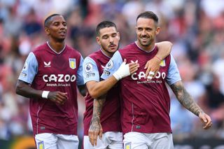 Danny Ings of Aston Villa celebrates scoring a goal during the 2022 Queensland Champions Cup match between Aston Villa and Leeds United at Suncorp Stadium on July 17, 2022 in Brisbane, Australia.