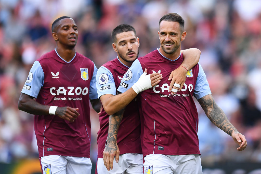 Danny Ings of Aston Villa celebrates his goal during the 2022 Queensland Champions Cup match between Aston Villa and Leeds United at Suncorp Stadium on July 17, 2022 in Brisbane, Australia.