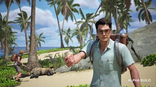 A man wearing a backpack and sunglasses holds out a can of food to the player on a desert island 