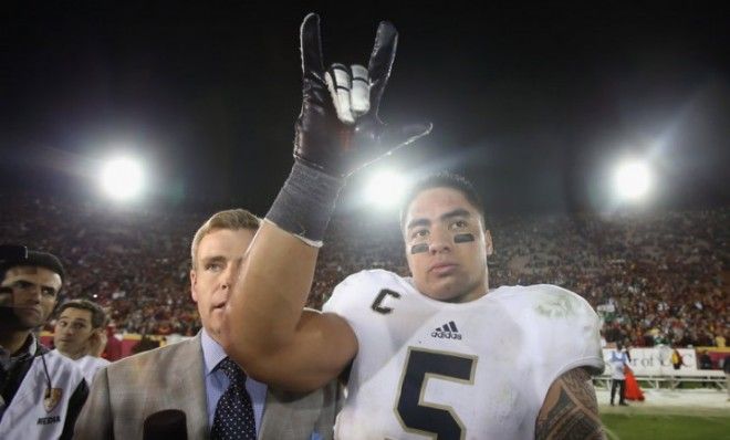 Linebacker Manti Te&amp;#039;o of Notre Dame celebrates a Nov. 24 victory, two months after his fake girlfriend died.