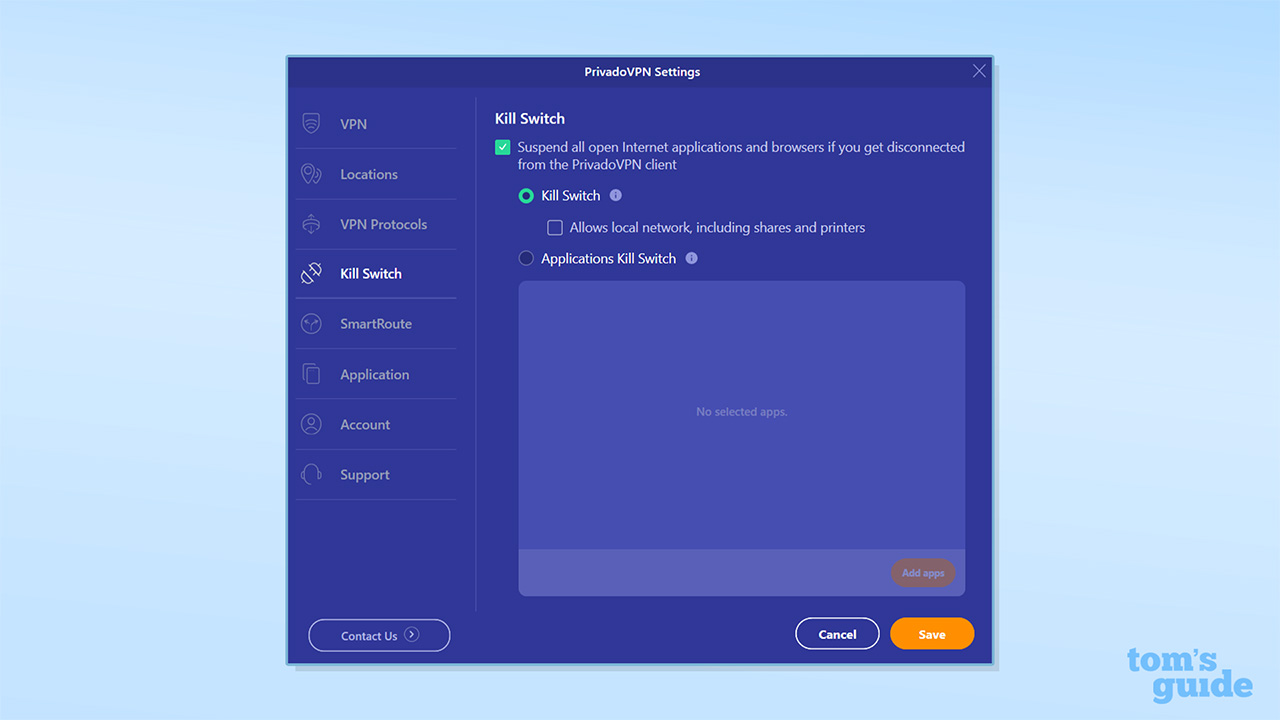 Screenshot of PrivadoVPN Windows app kill switch settings