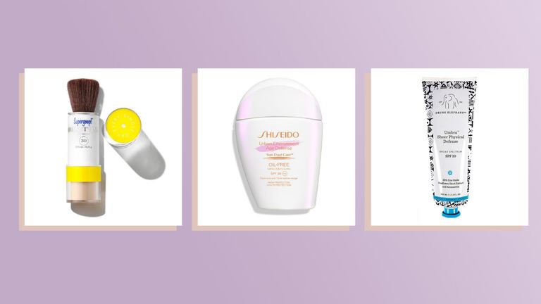 Collage of three of the best facial sunscreen formulas by shiseido, drunk elephant and supergoop