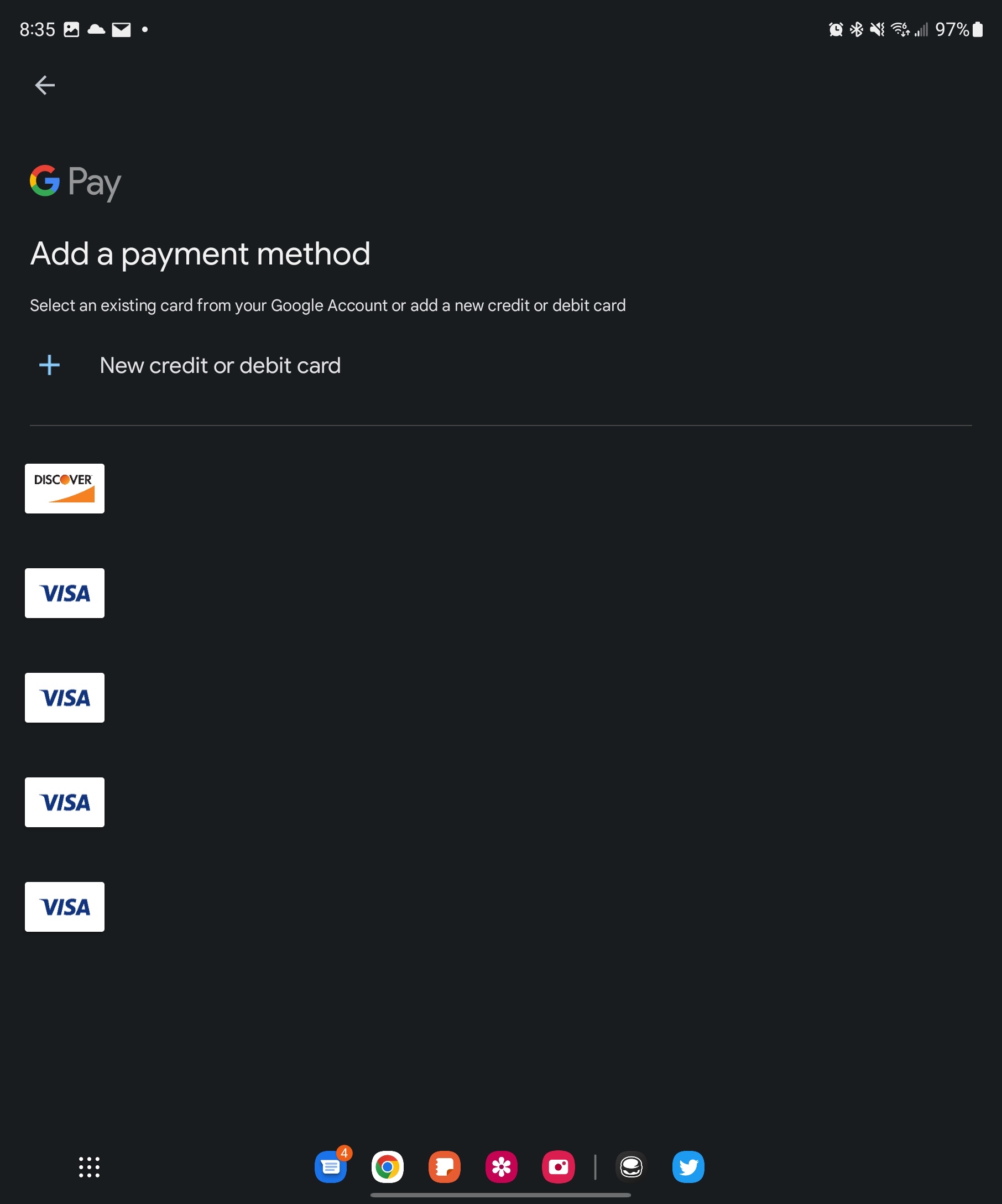 Select card to use in Google Wallet