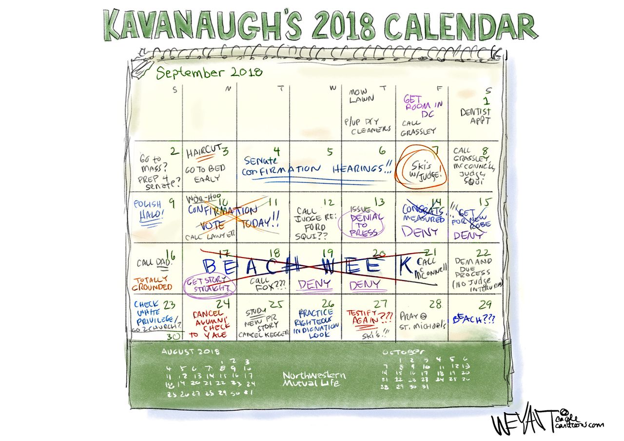 Political cartoon U.S. Brett Kavanaugh calendar 2018 deny perjury Supreme Court