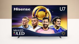 Hisense U7 116-inch TV with an image of soccer stars on it