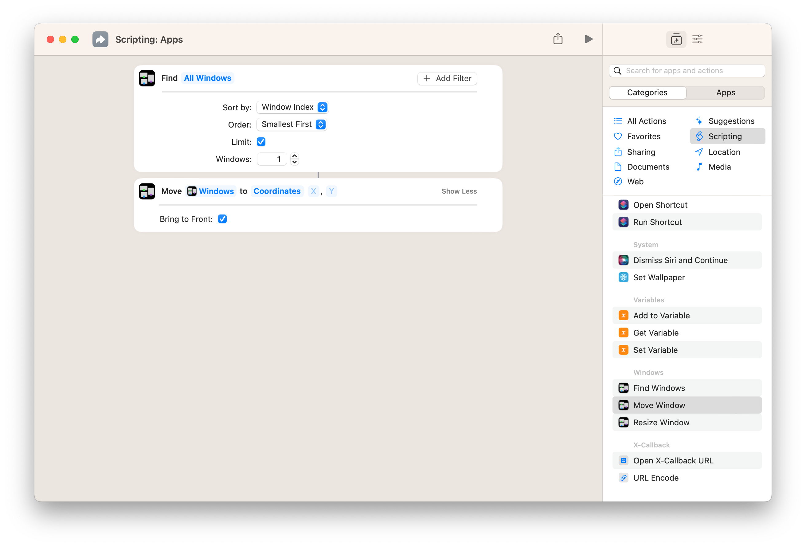Screenshot der Aktion „Fenstergröße ändern“ in der App „Kurzbefehle“ für Mac.
