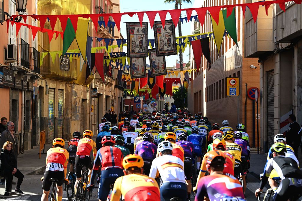 ORIHUELA SPAIN FEBRUARY 01 A general view of the peloton prior to the 74th Volta a la Comunitat Valenciana 2023 Stage 1 a 1894km stage from Orihuela to Altea VCV2023 VoltaValenciana on February 01 2023 in Orihuela Spain Photo by Dario BelingheriGetty Images