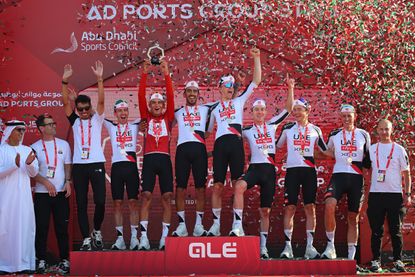 XRG celebrate at podium as best team during the 8th UAE Tour 2026, Stage 7
