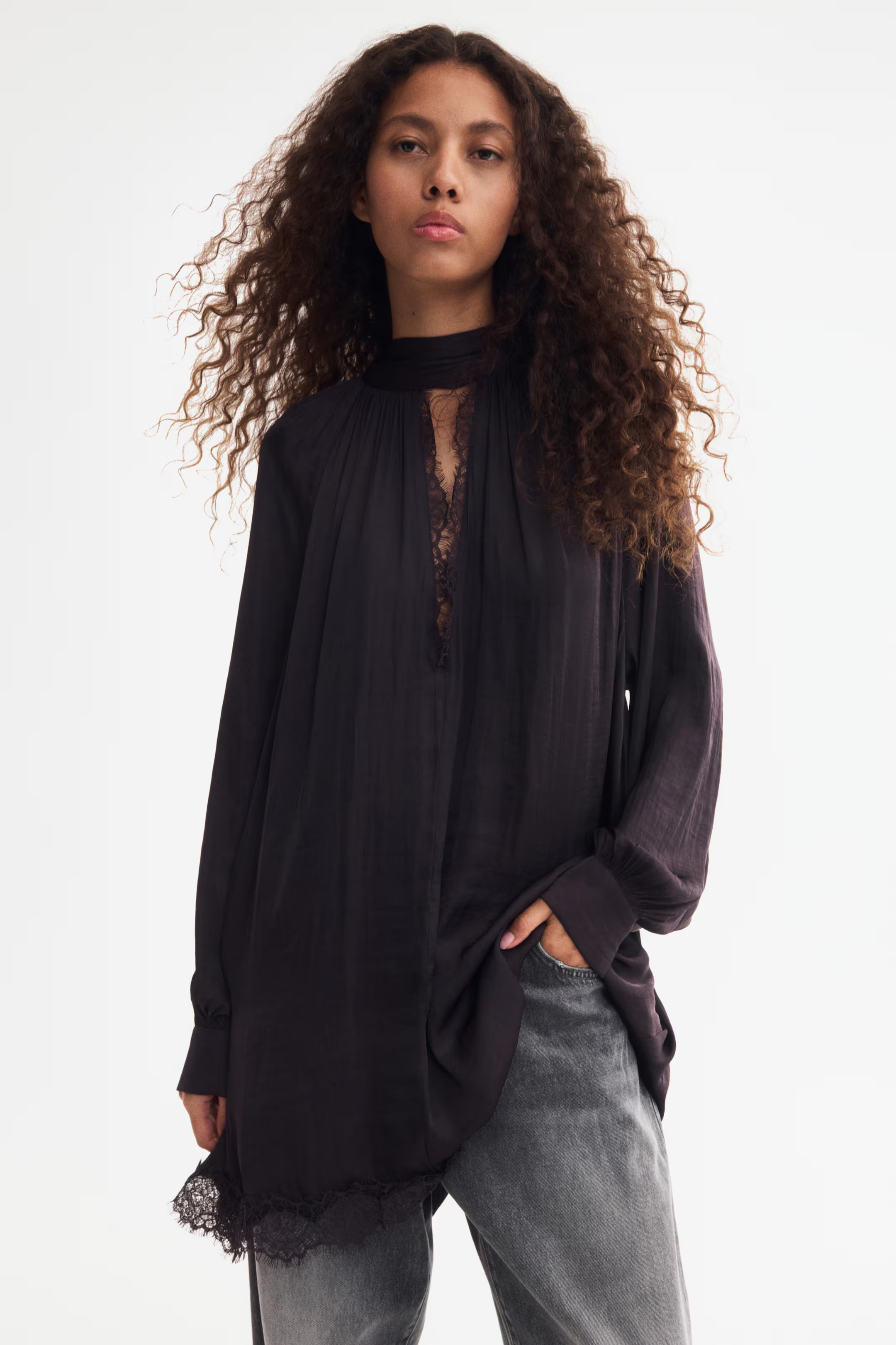 H&amp;M, Lace-Trimmed Balloon-Sleeved Dress
