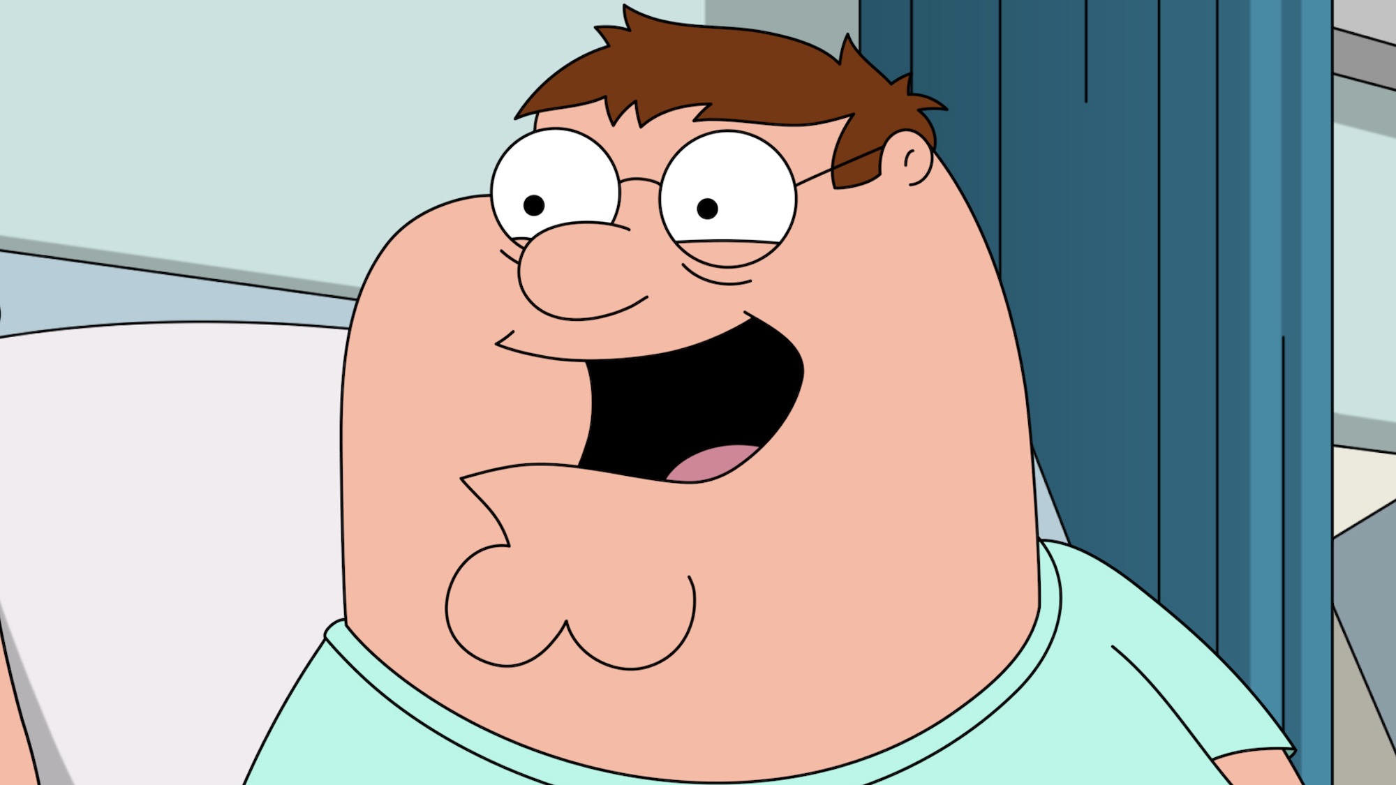Peter in hospital bed with messy hair smiling widely at army toy in Family Guy Season 24