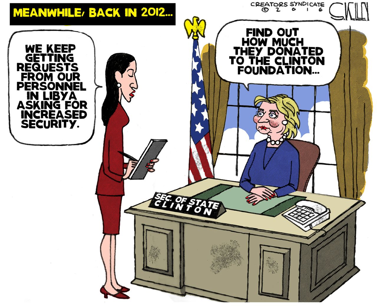 Political cartoon U.S. Hillary Clinton foreign relations Libya