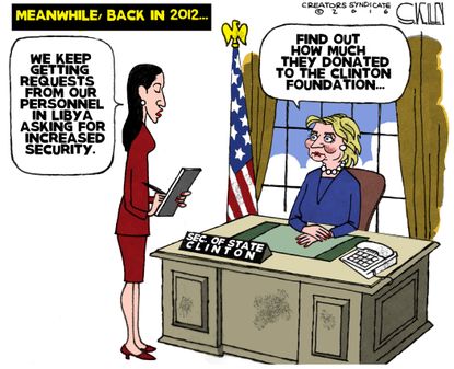 Political cartoon U.S. Hillary Clinton foreign relations Libya