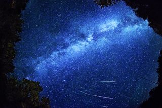 A composite photo of the Perseid meteor shower taken in December of 2013.