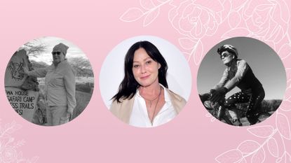 Maryjo hiking, Shannen Doherty and Jules cycling on bike background 