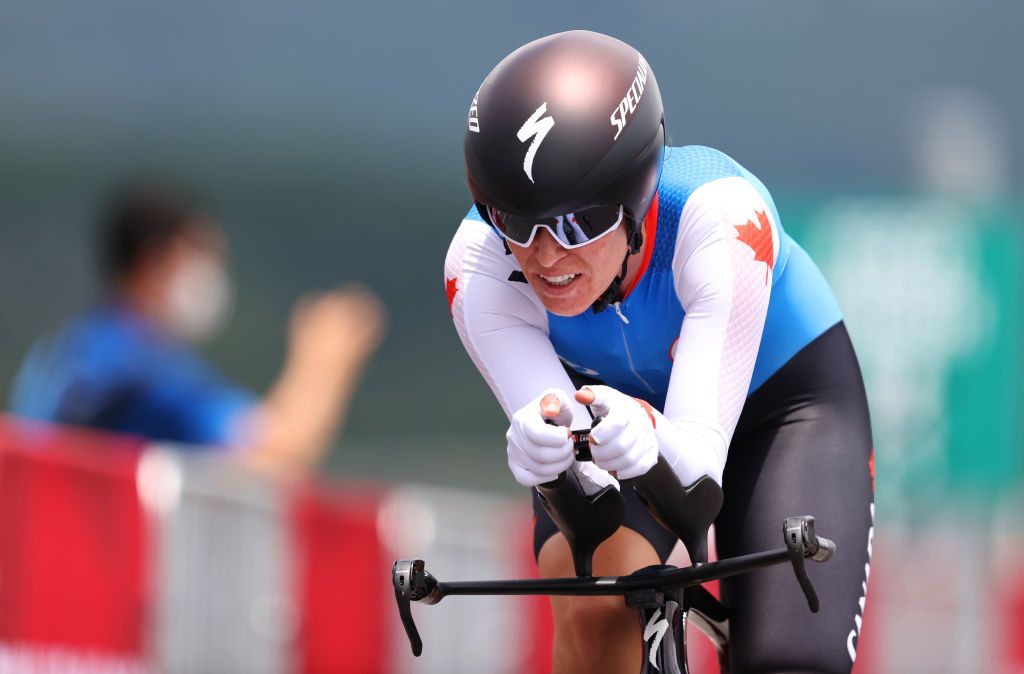 OYAMA JAPAN JULY 28 KarolAnn Canuel of Team Canada rides during the Womens Individual time trial on day five of the Tokyo 2020 Olympic Games at Fuji International Speedway on July 28 2021 in Oyama Shizuoka Japan Photo by Michael SteeleGetty Images