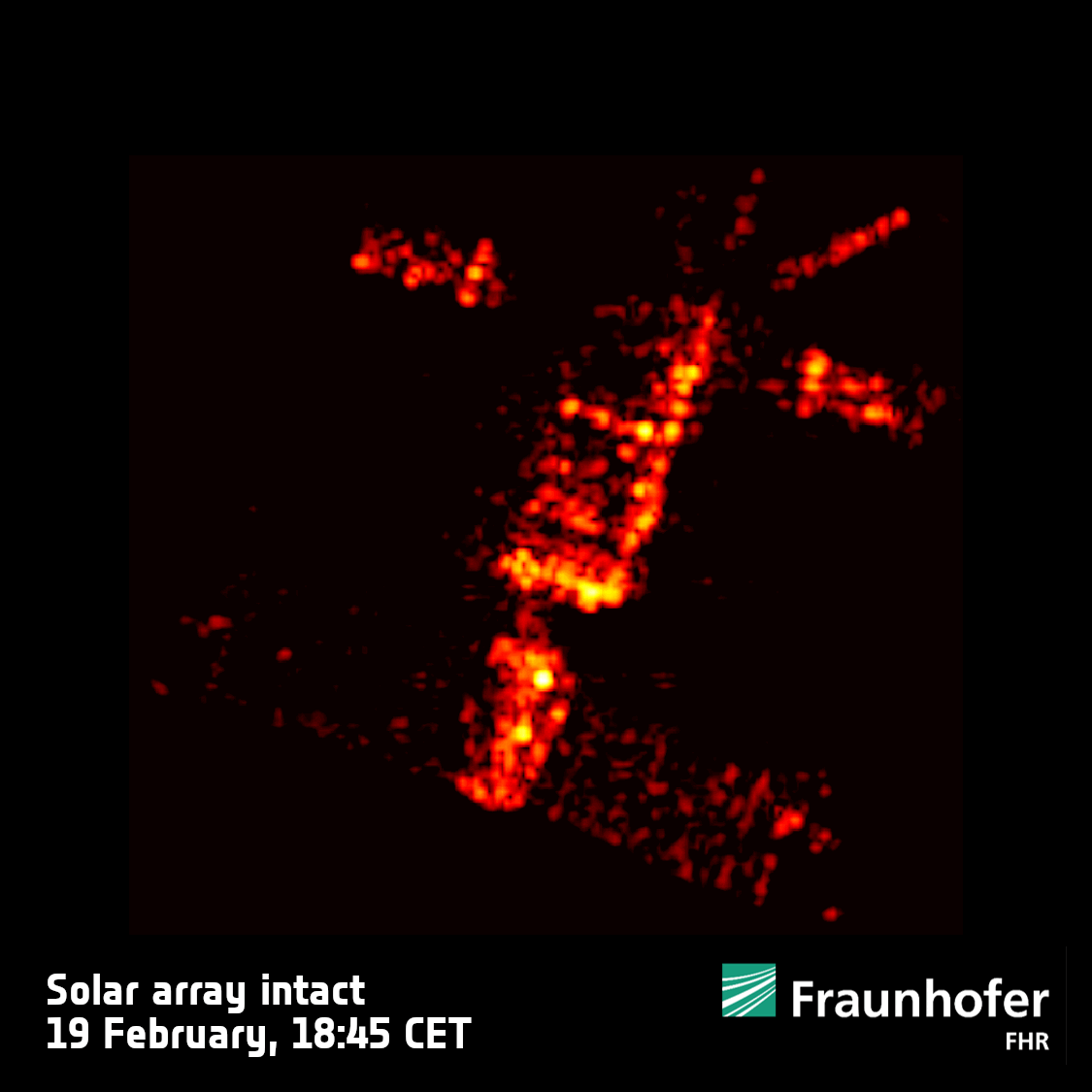 The final images of ERS-2 tumbling through the sky. They were captured by the Tracking and Imaging Radar (TIRA) at the Fraunhofer Institute for High Frequency Physics and Radar Techniques FHR in Germany.