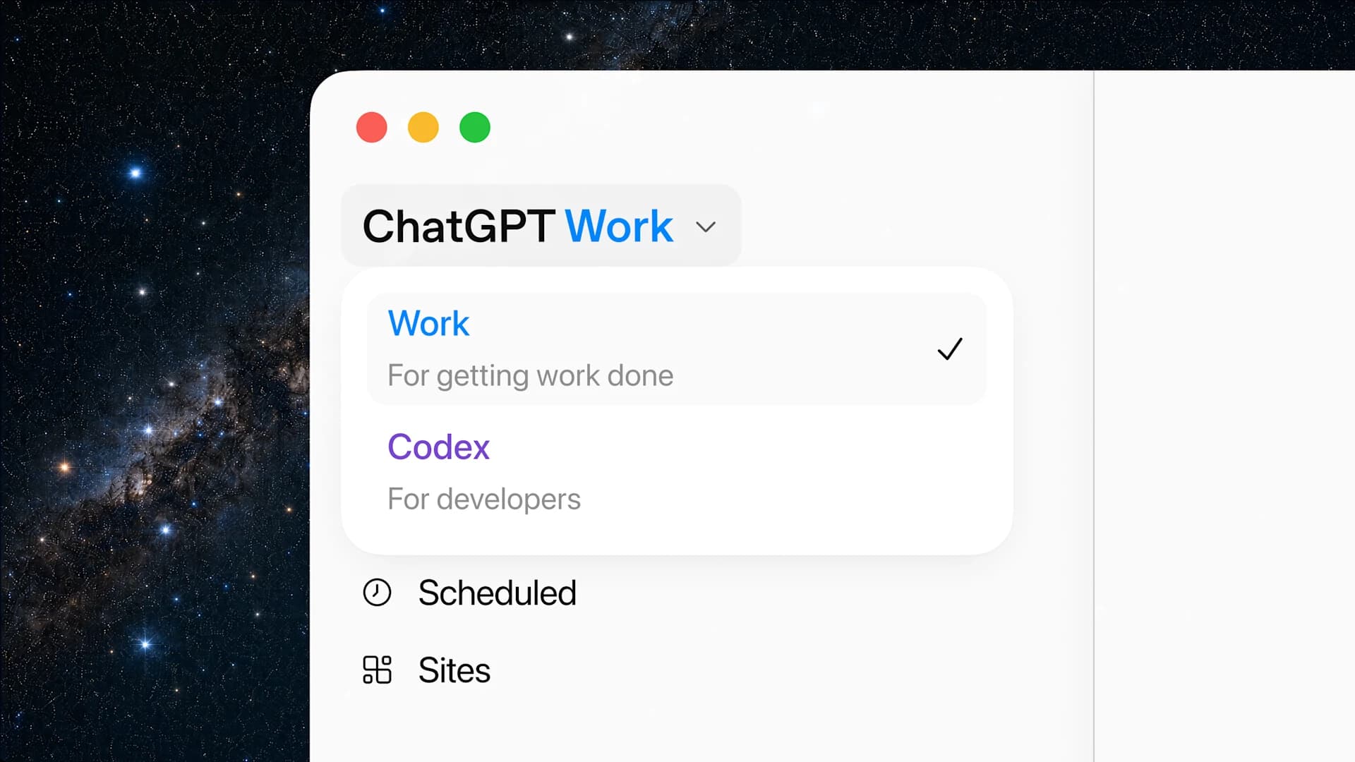 The ChatGPT app showing its Work and Codex modes.