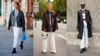 street style models wearing white jeans outfits with leather jackets