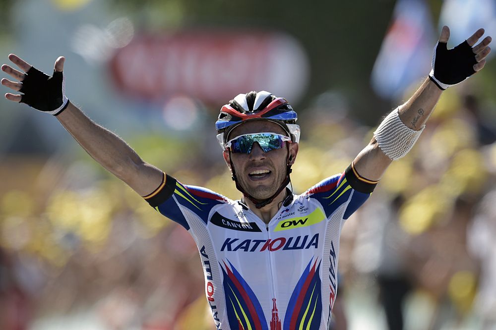 Joaquim Rodriguez (Katusha) wins the Tour de France stage 3 on the Mur de Huy