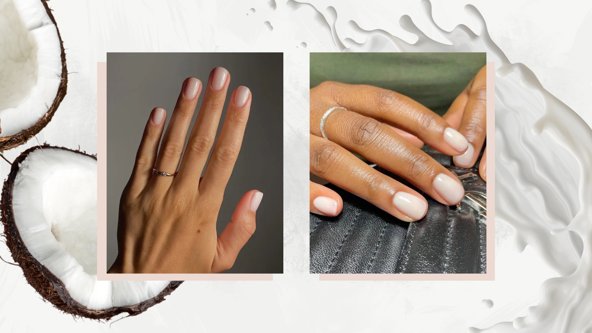 A collage of milky manicures: on the left is a close-up of a hand with sheer cream nails by nail artist Mateja Novakovic (@matejanova), and on the right is another hand pictured with a short milky manicure by nail artist Julia Diogo (@paintedbyjools)/ featured on a white background with stock images of coconut halves and a splash of milk.