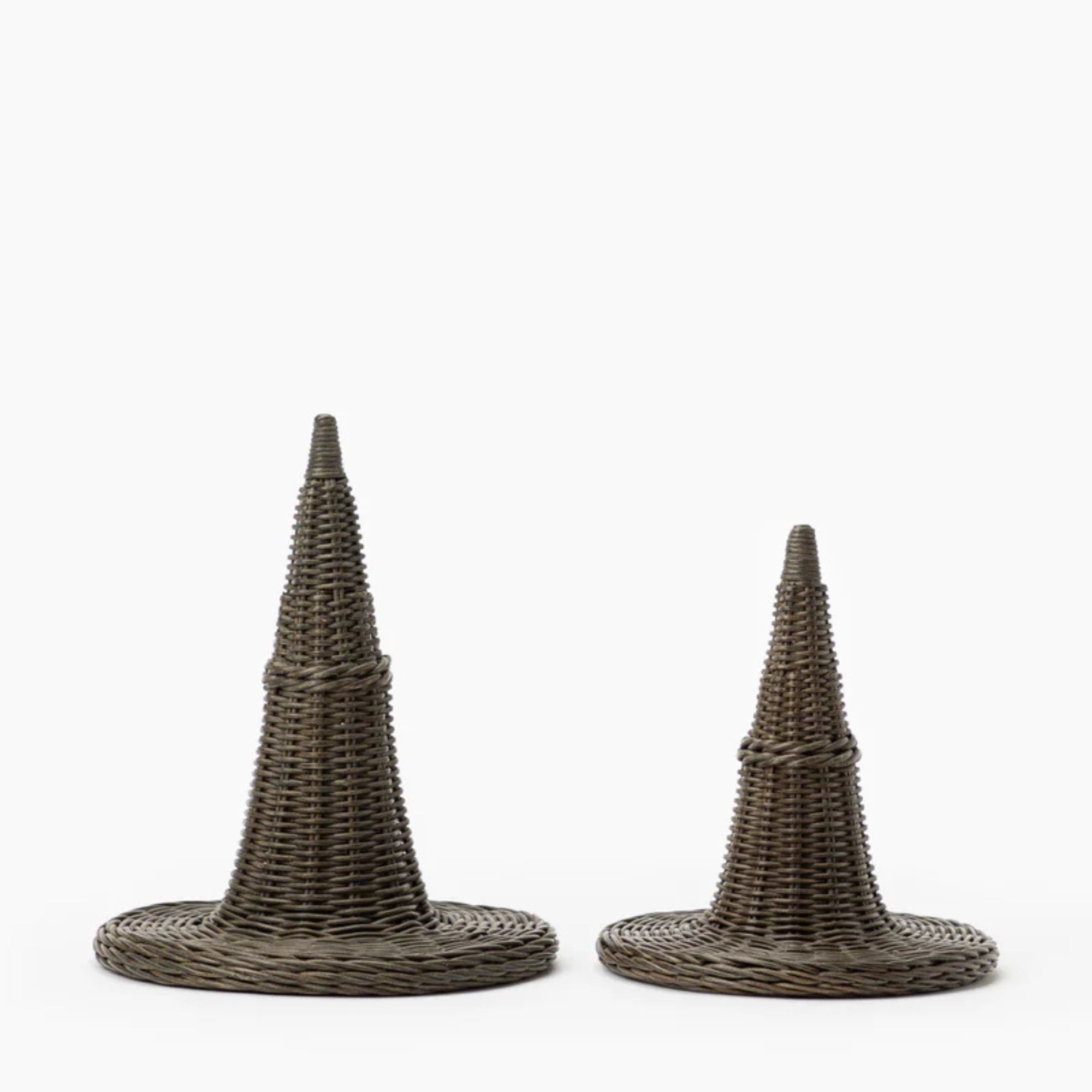 Small and large wicker witch hat ornaments in deep brown