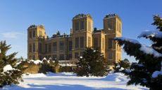 Exterior of Hardwick Hall, Derbyshire, with snow on the ground