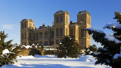 Exterior of Hardwick Hall, Derbyshire, with snow on the ground