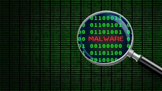 Lupe, die das Wort "Malware" im Computer-Maschinencode vergrößert