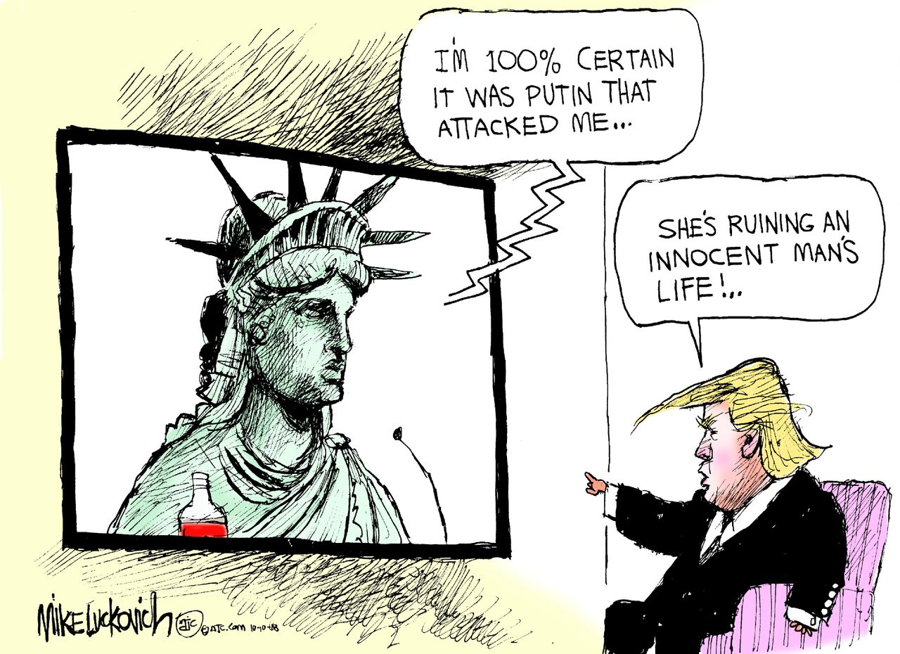 Political cartoon U.S. statue of liberty Trump Vladimir Putin Russia