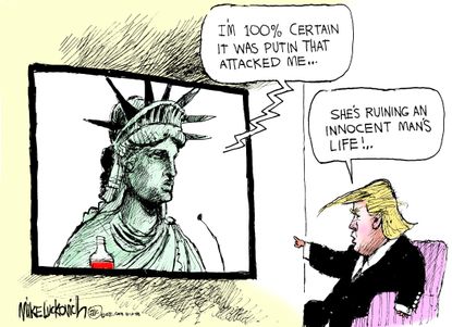 Political cartoon U.S. statue of liberty Trump Vladimir Putin Russia