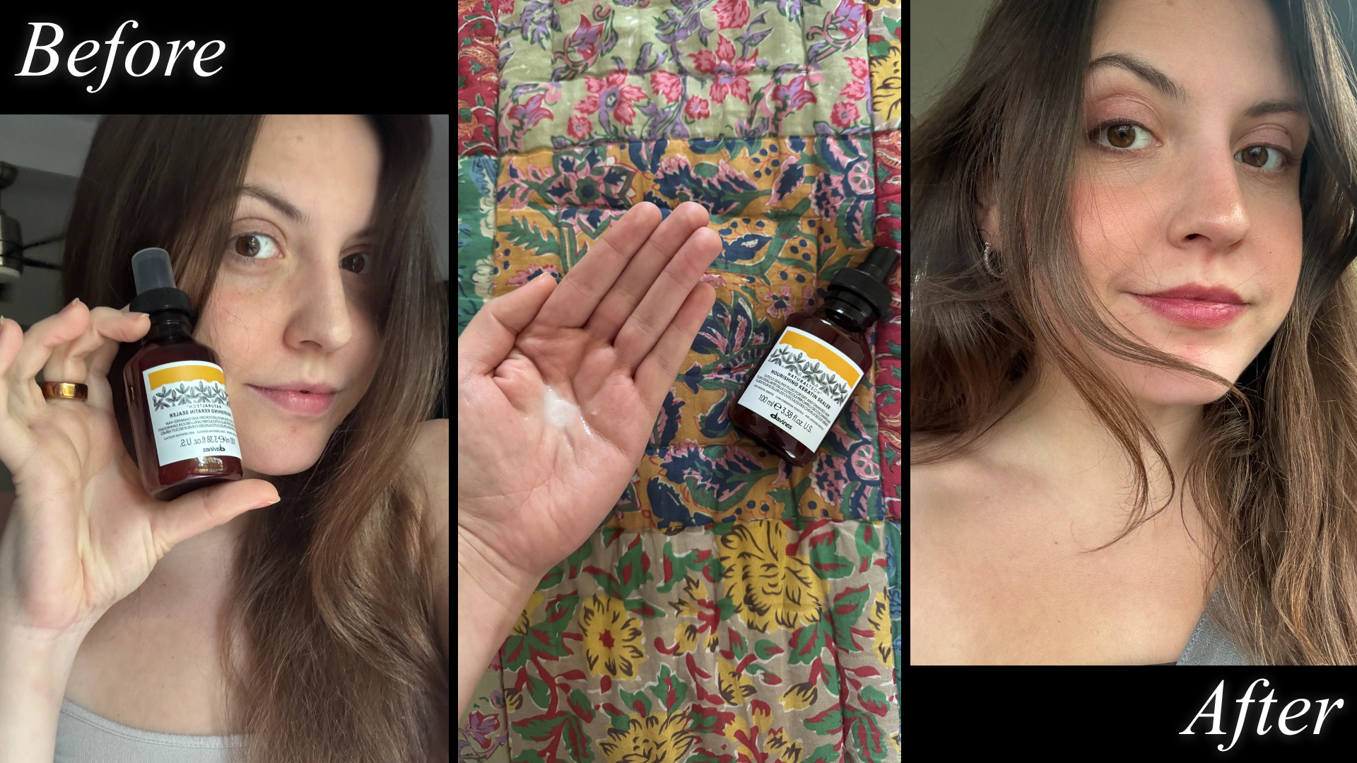 Sophia Vilensky before and after testing Davines at-home keratin treatment spray, plus a photo of the leave-in's texture in her open palm.
