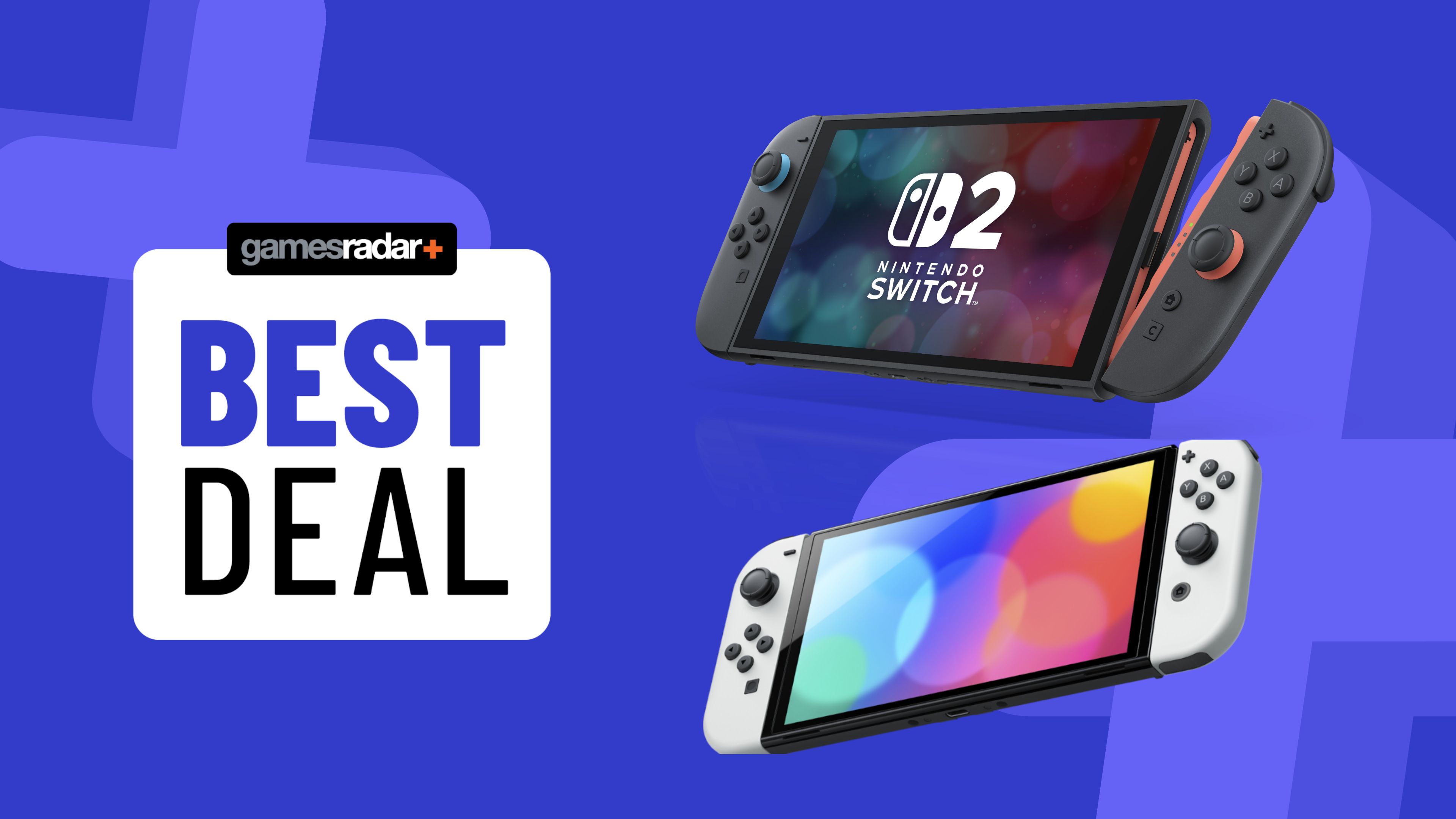 Nintendo Switch 2 and Nintendo Switch on blue background with best deal badge