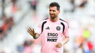 MIAMI, FLORIDA - APRIL 11: Lionel Messi #10 of Inter Miami CF looks on prior to a game against the New York Red Bulls at Nu Stadium on April 11, 2026 in Miami, Florida. (Photo by Megan Briggs/Getty Images)