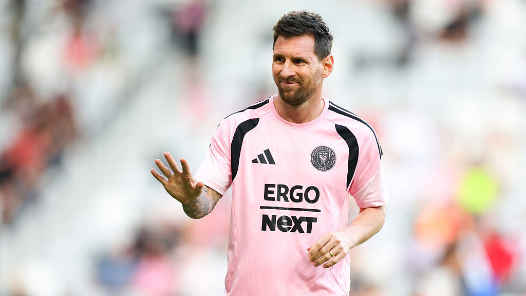 MIAMI, FLORIDA - APRIL 11: Lionel Messi #10 of Inter Miami CF looks on prior to a game against the New York Red Bulls at Nu Stadium on April 11, 2026 in Miami, Florida. (Photo by Megan Briggs/Getty Images)