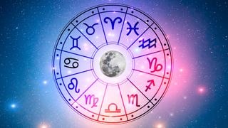 Full Moon April 2023: Zodiac signs inside of horoscope circle. Astrology in the sky with many stars and moons astrology and horoscopes concept.